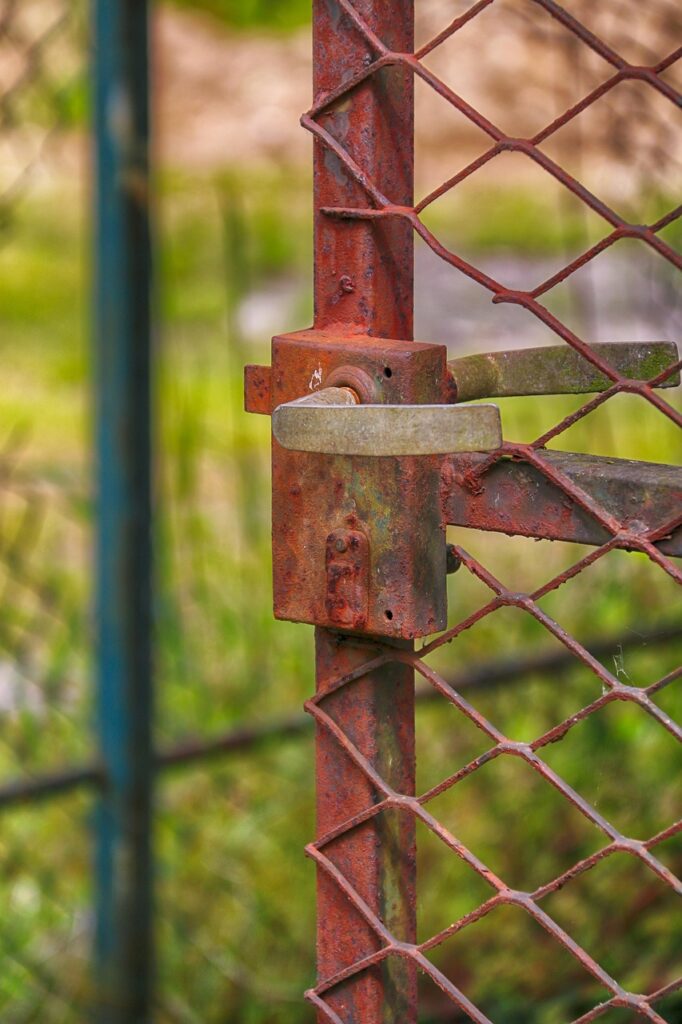 door, fence, rust, rusty, old, passage, handle