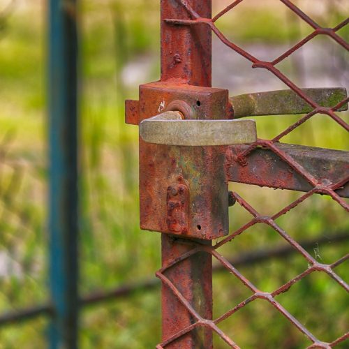 door, fence, rust, rusty, old, passage, handle